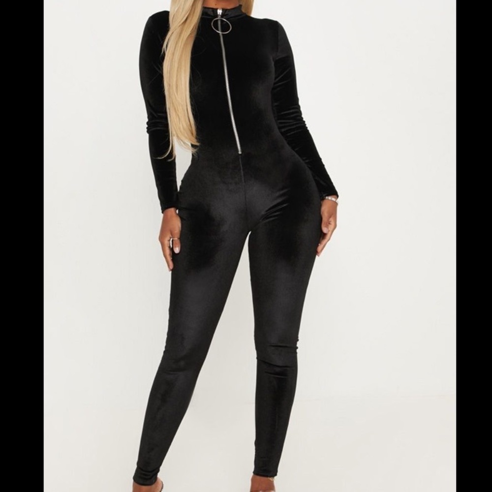 Black Velvet Zip Mock-neck Jumpsuit